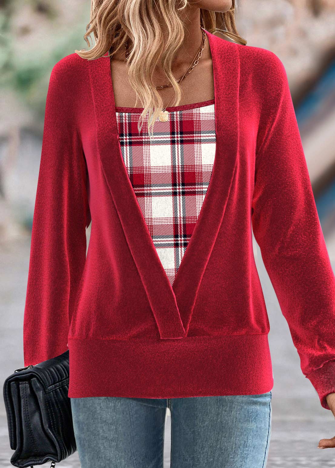 Red Fake 2in1 Plaid Long Sleeve Square Neck Sweatshirt