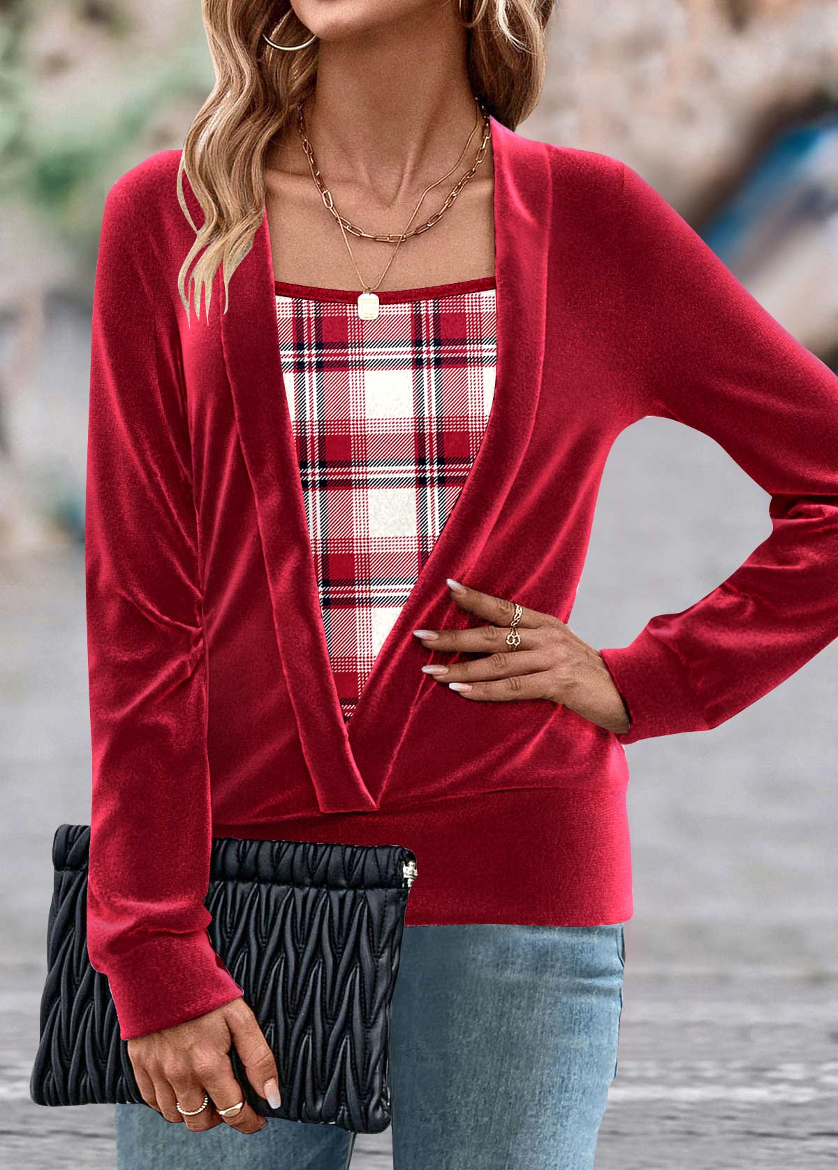Red Fake 2in1 Plaid Long Sleeve Square Neck Sweatshirt