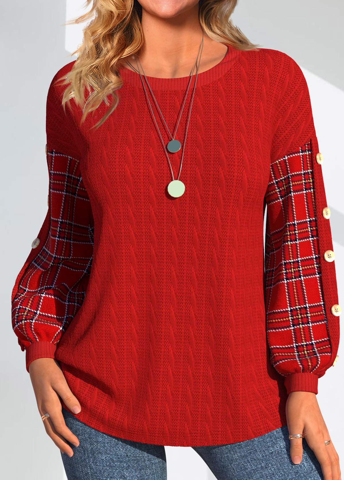 Plus Size Red Button Plaid Long Sleeve Sweatshirt
