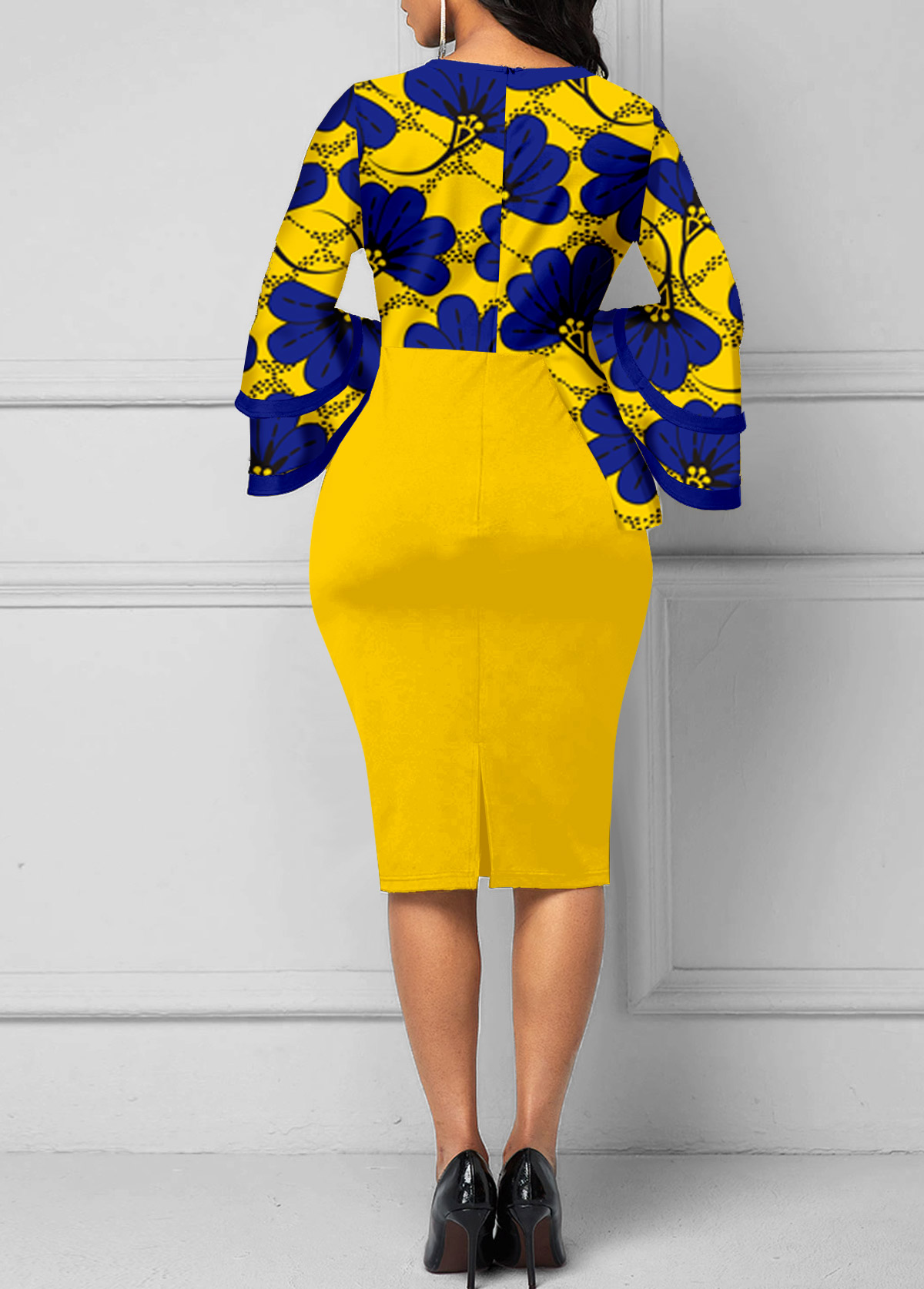 Yellow Contrast Binding Floral Print Long Sleeve Dress