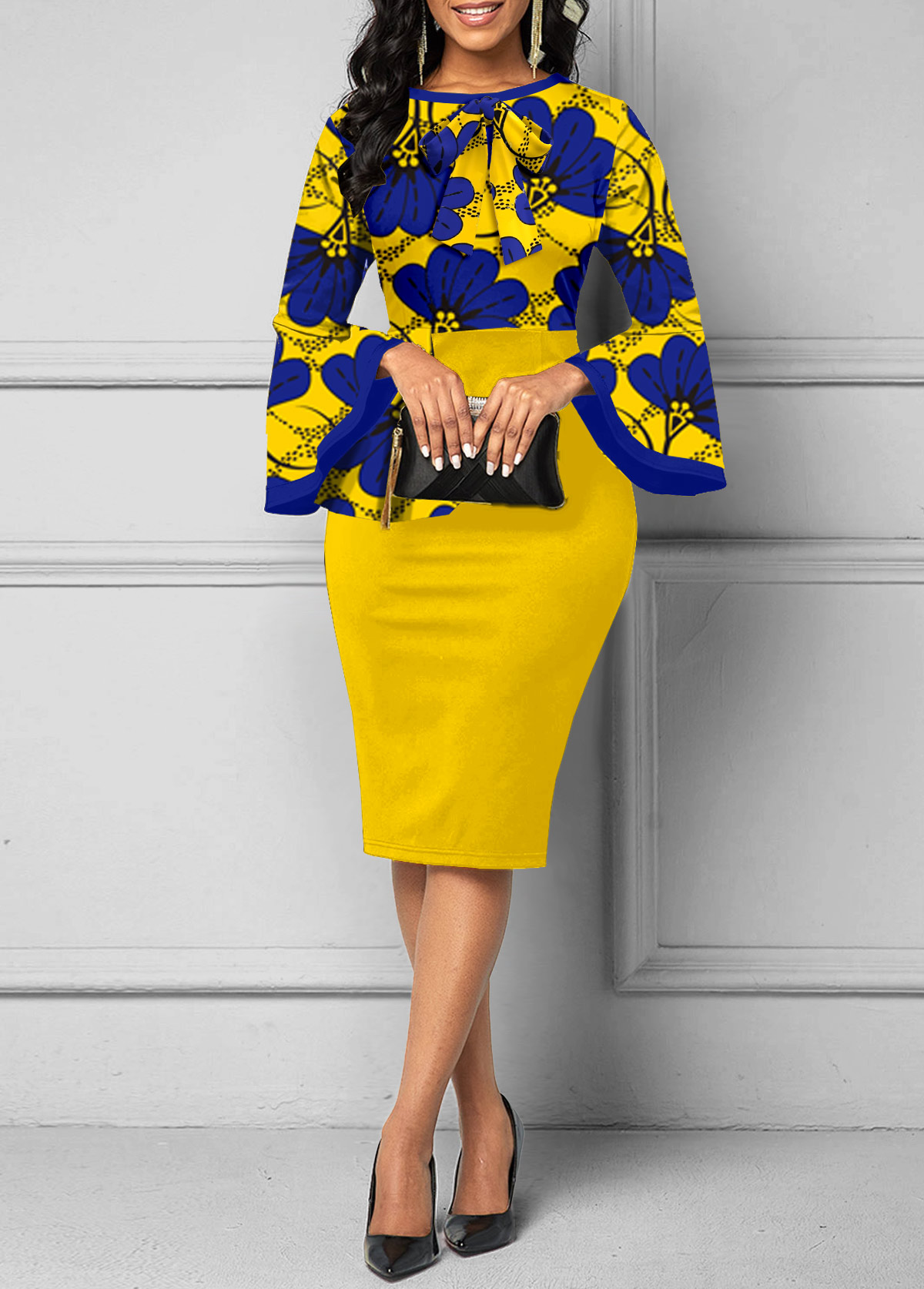 Yellow Contrast Binding Floral Print Long Sleeve Dress