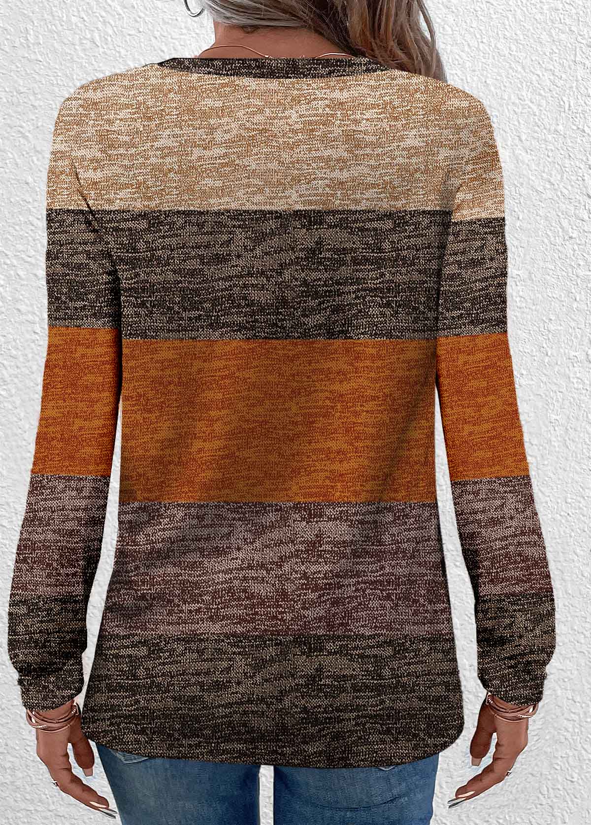 Plus Size Dark Camel Button Striped T Shirt | picture 