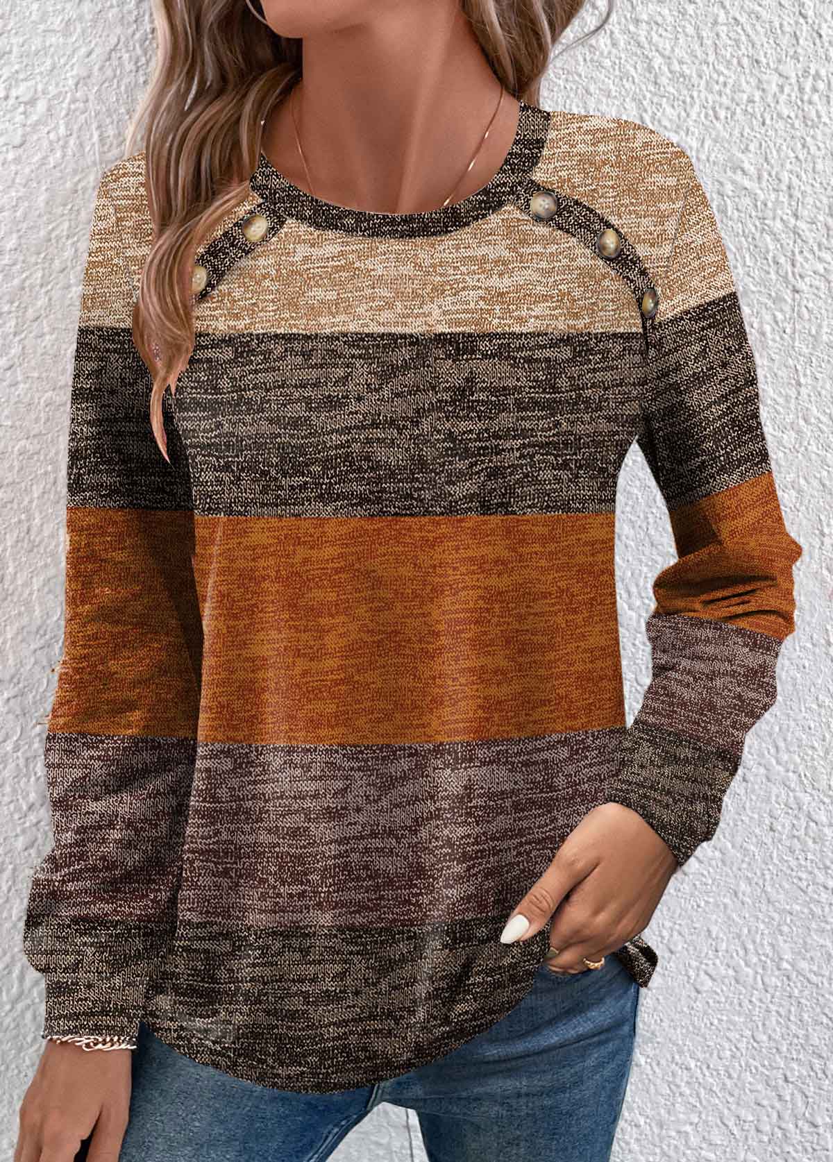 Plus Size Dark Camel Button Striped T Shirt | picture 