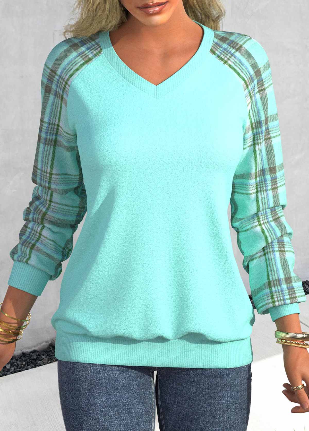Plus Size Cyan Patchwork Plaid Long Sleeve Sweatshirt