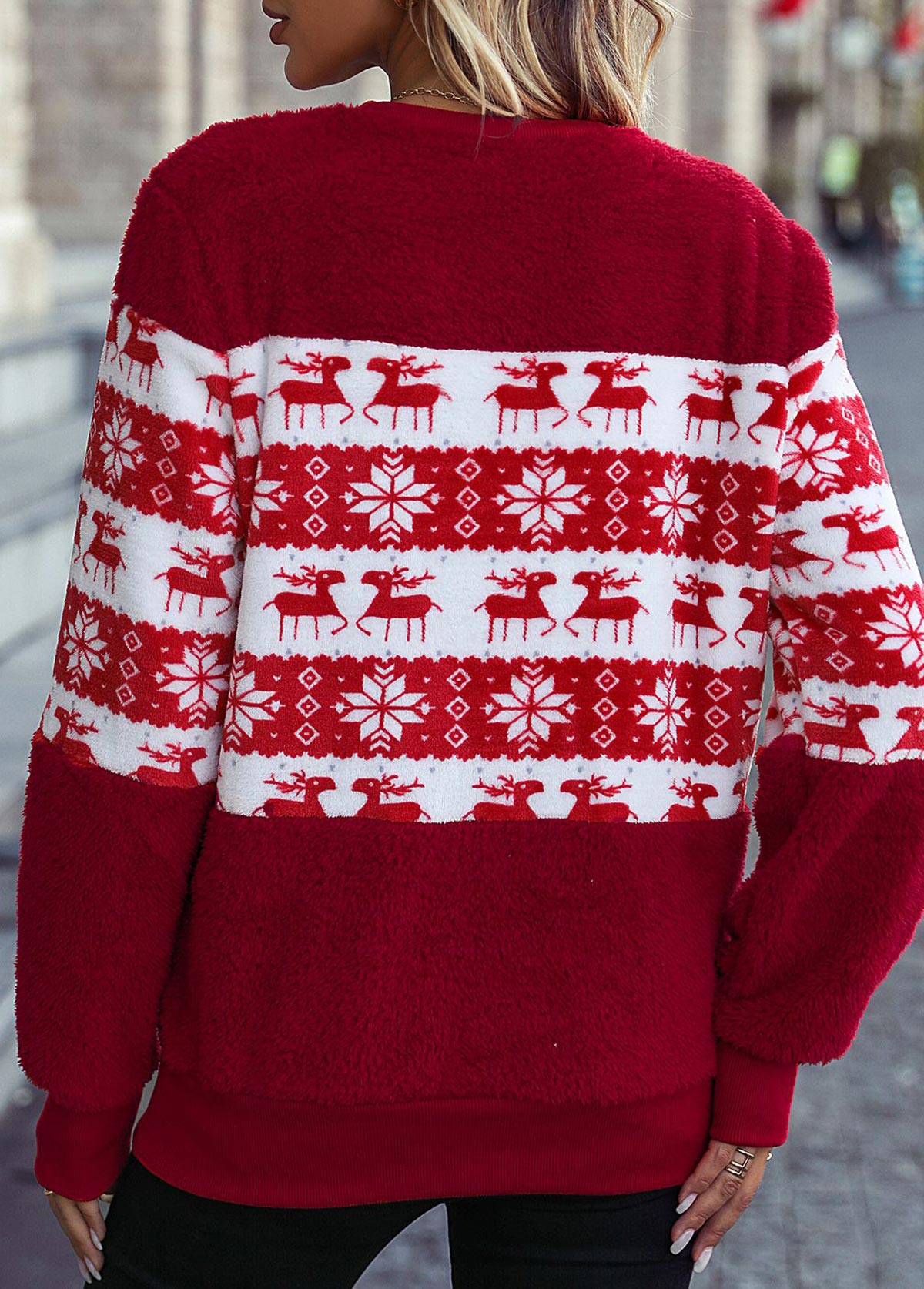 Red Patchwork Christmas Print Long Sleeve Round Neck Sweatshirt