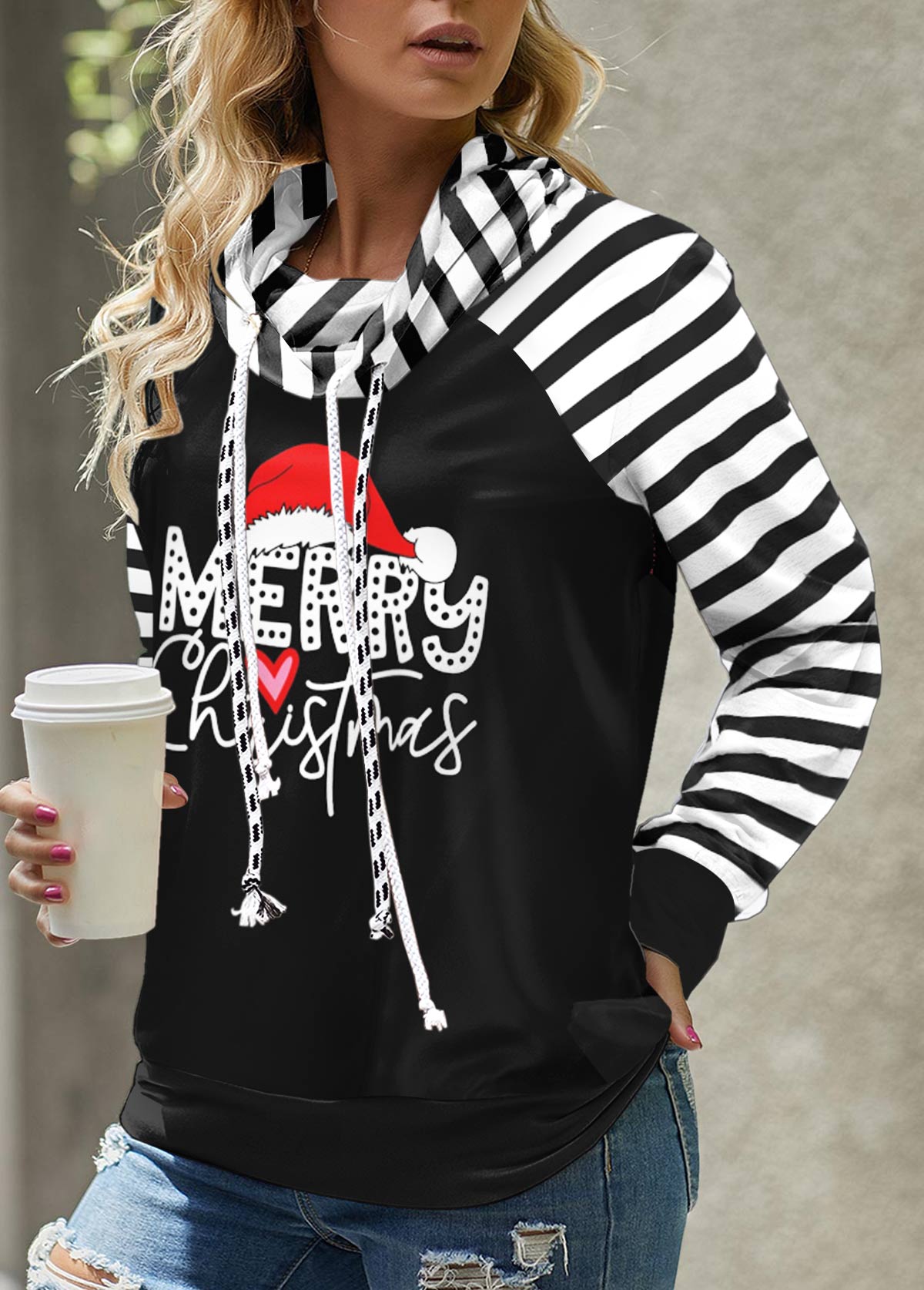 Black Patchwork Striped Long Sleeve Cowl Neck Sweatshirt | picture 