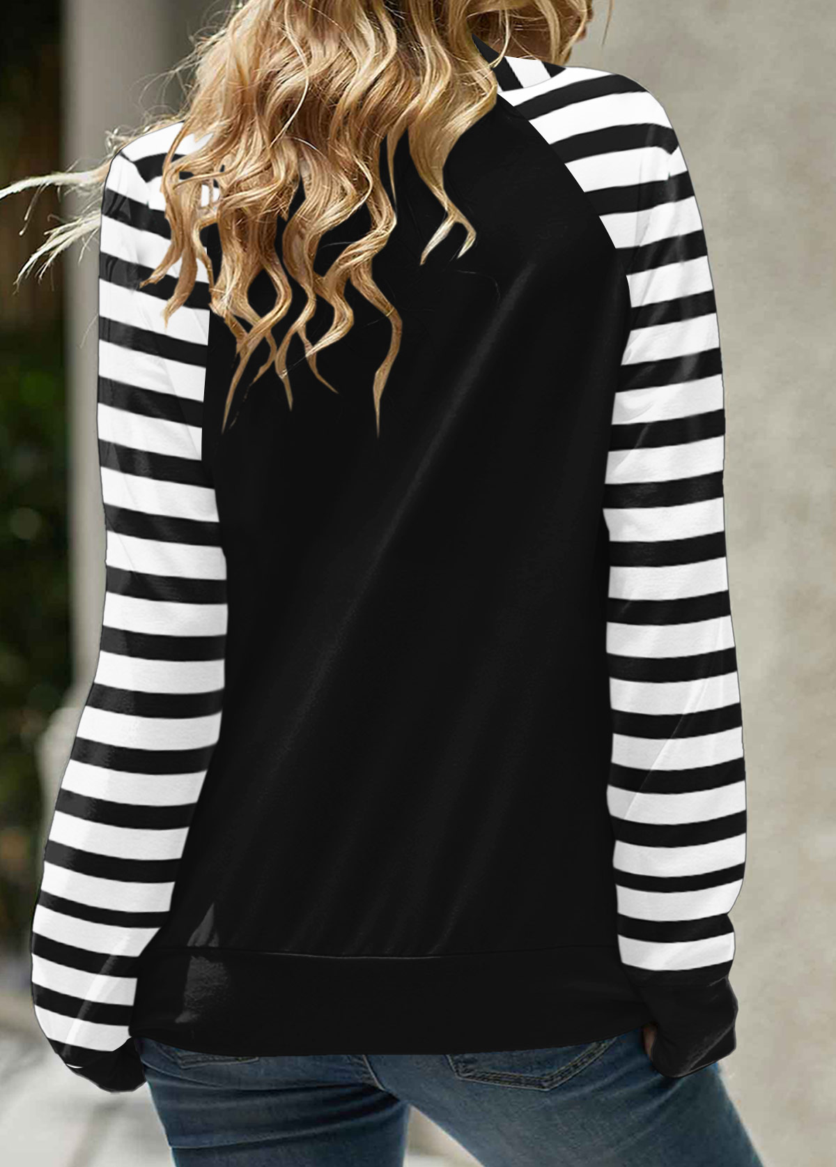 Black Patchwork Striped Long Sleeve Cowl Neck Sweatshirt | picture 