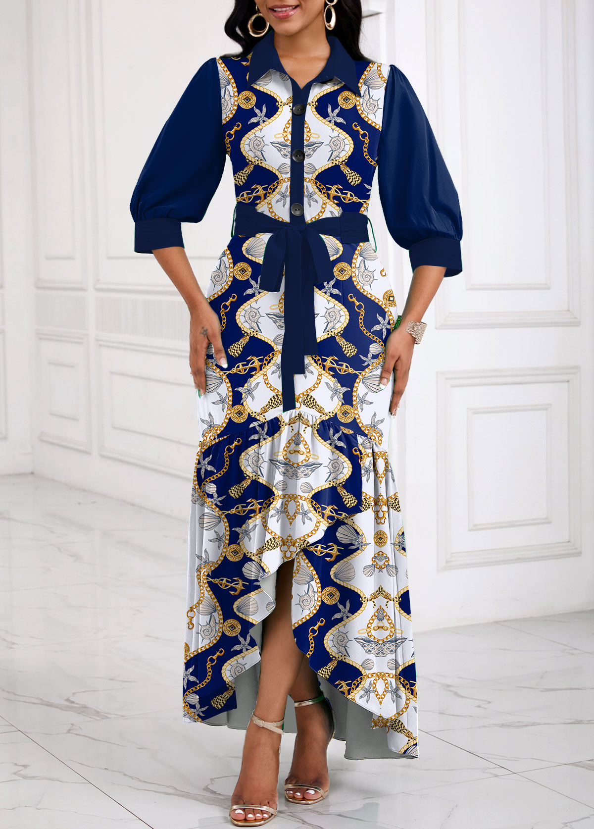 Navy Patchwork Tribal Print High Low Belted Dress