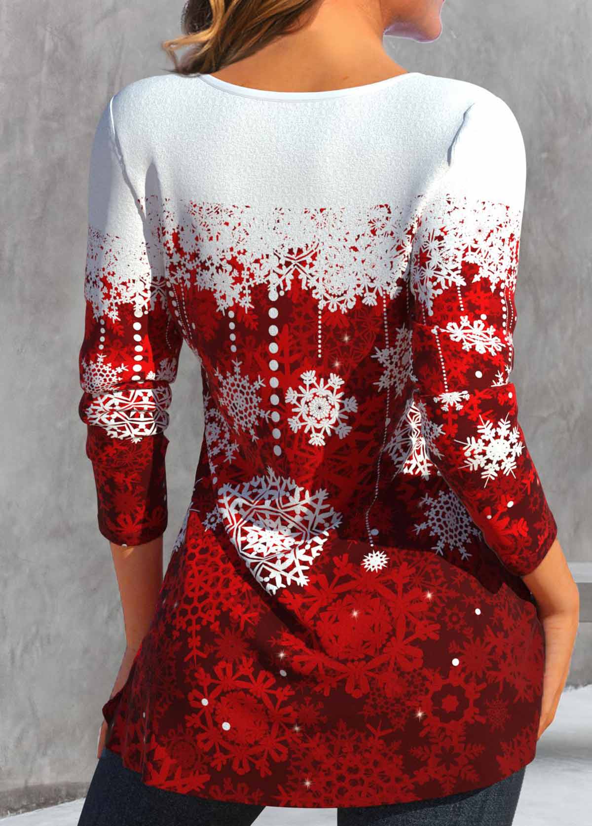 Wine Red Button Snowflake Print Long Sleeve T Shirt