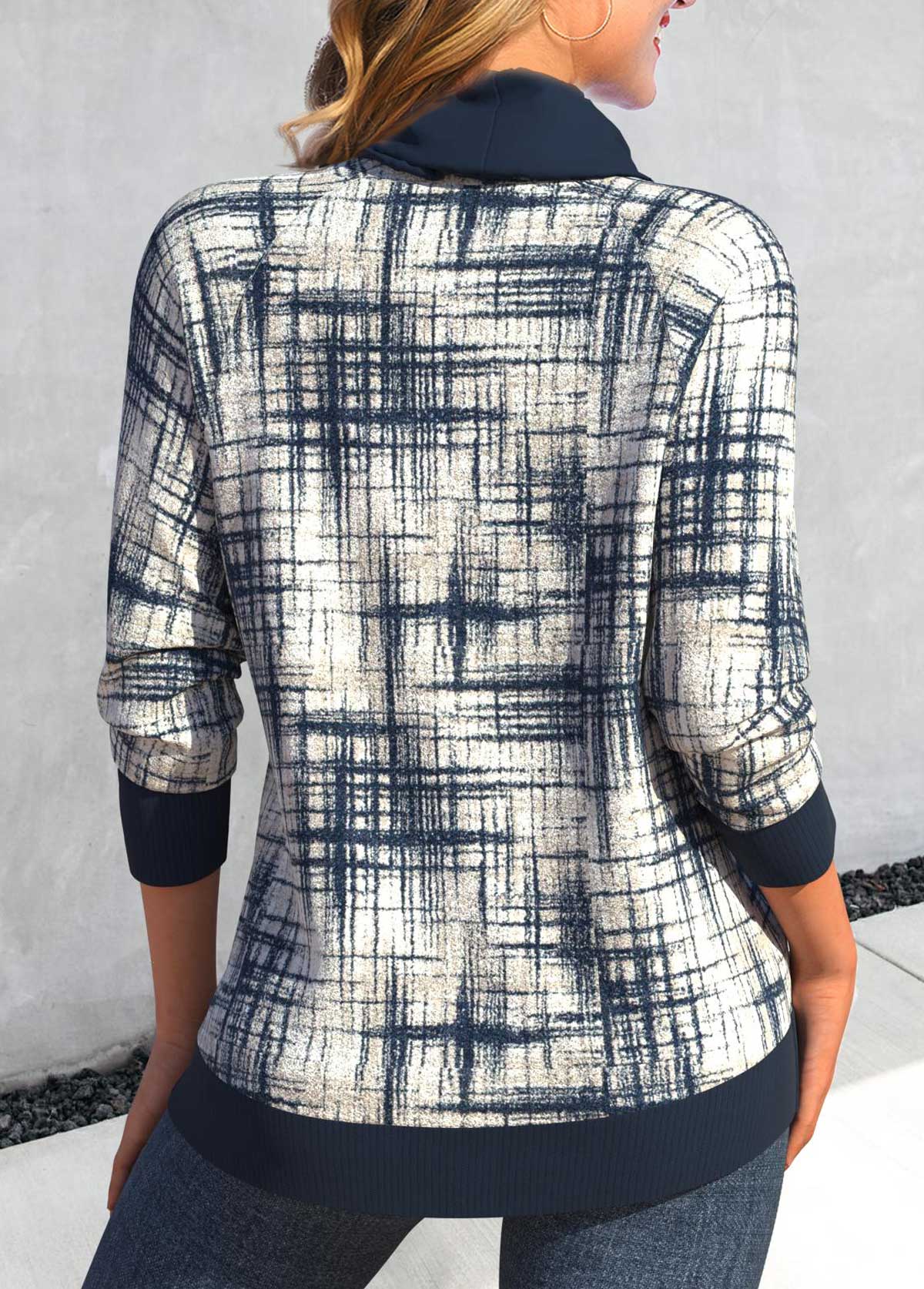 Navy Patchwork Geometric Print Long Sleeve Cowl Neck Sweatshirt
