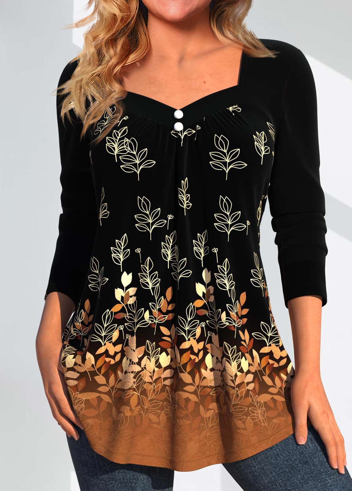 Dark Camel Button Random Floral Print T Shirt