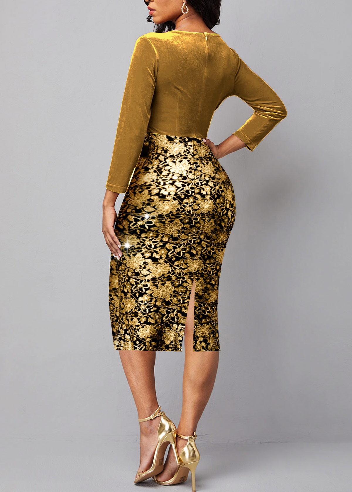 New Year Golden Hot Stamping Floral Print Belted Dress