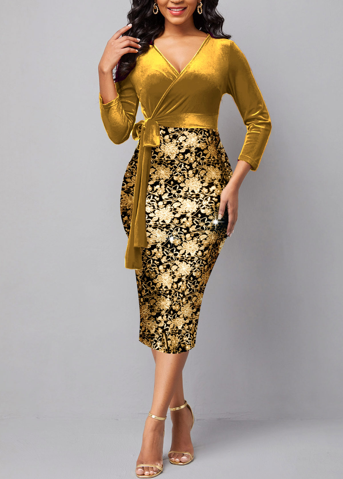 New Year Golden Hot Stamping Floral Print Belted Dress
