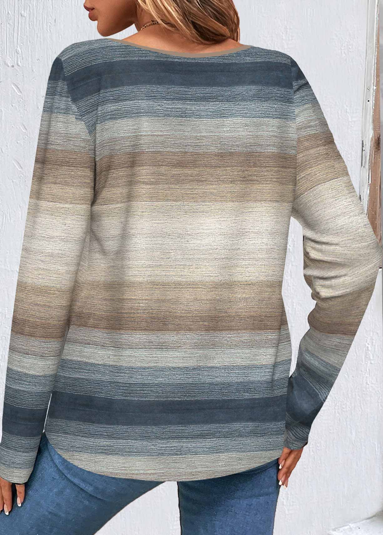 Multi Color Button Striped Long Sleeve T Shirt