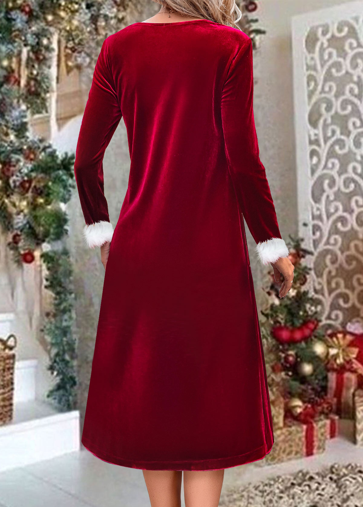Red Fur Collar A Line Long Sleeve Dress