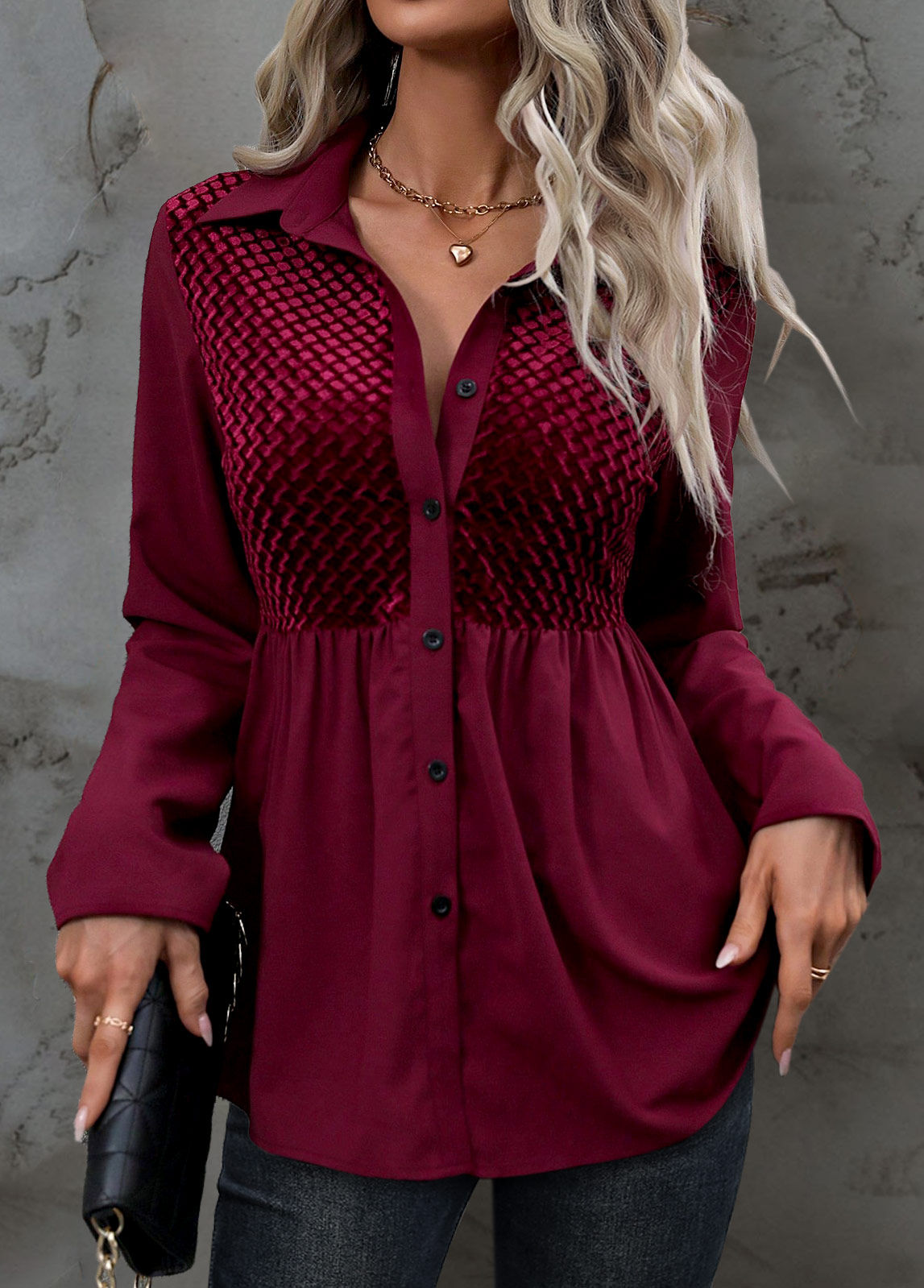 Dark Reddish Purple Velvet Long Sleeve Shirt Collar Blouse