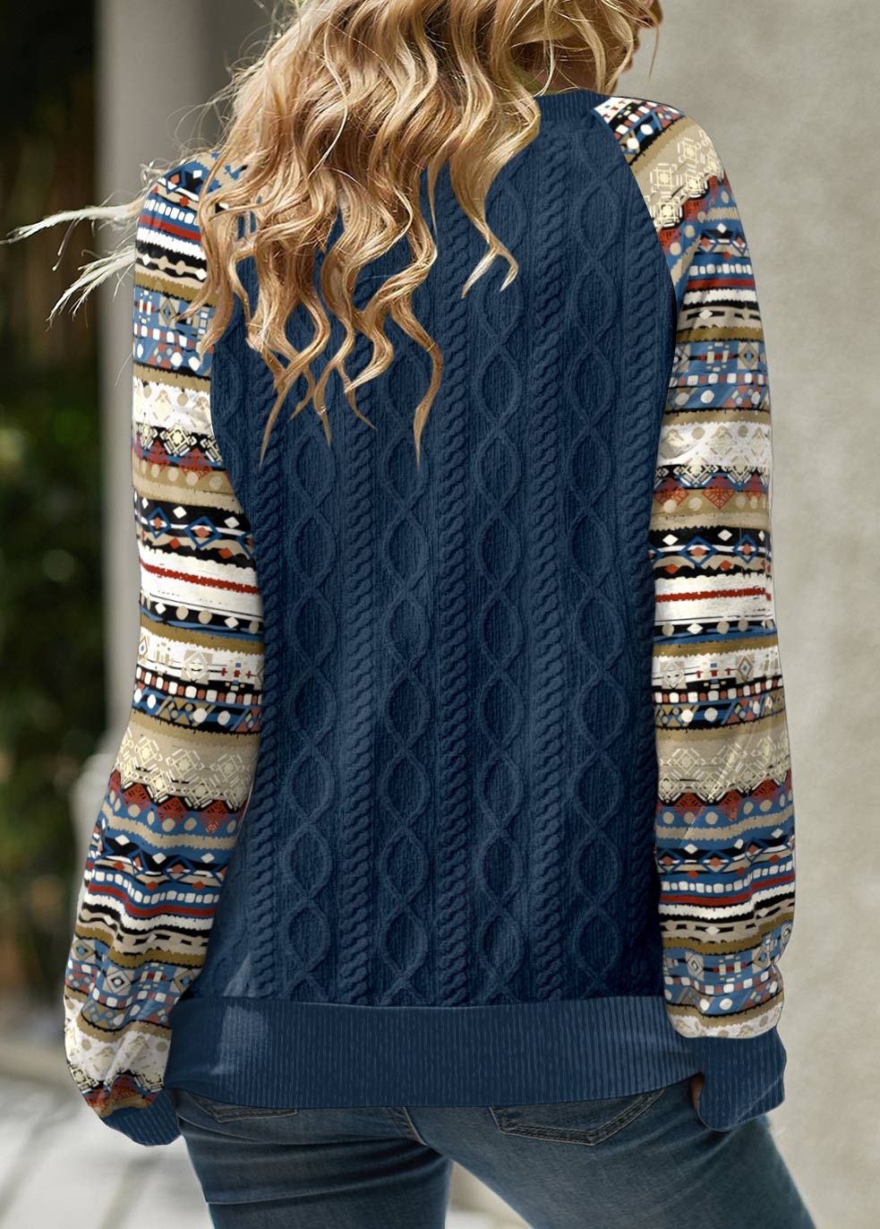 Navy Patchwork Tribal Print Long Sleeve Split Neck Sweatshirt