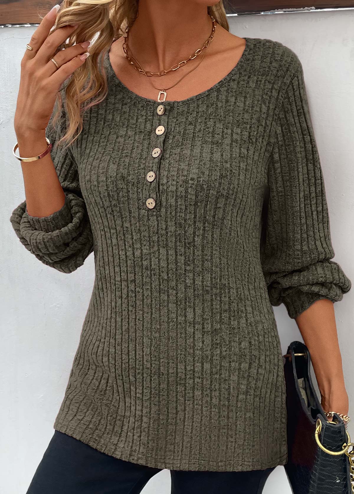 Olive Green Button Long Sleeve Round Neck T Shirt | modlily.com - USD 27.98