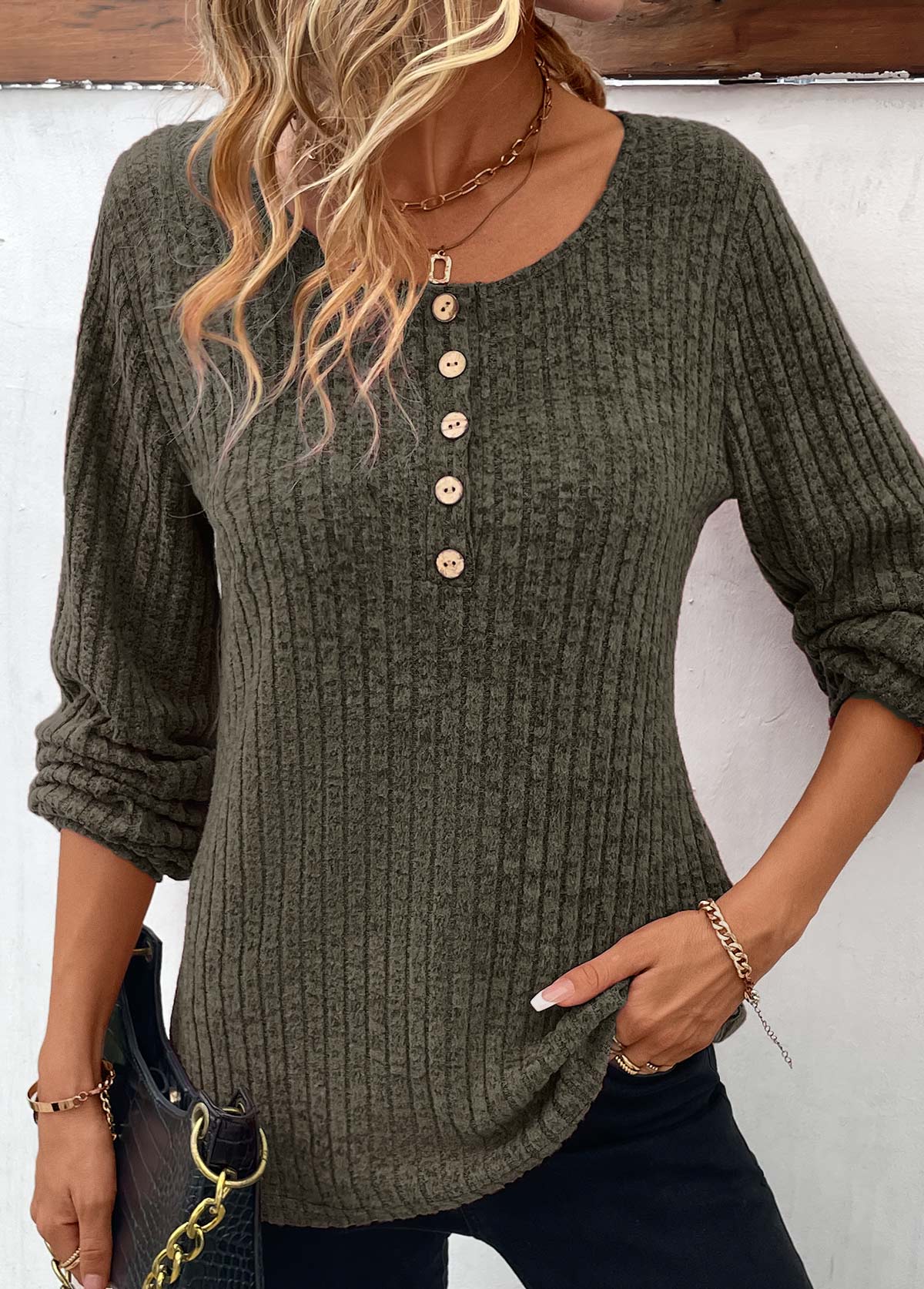 Olive Green Button Long Sleeve Round Neck T Shirt