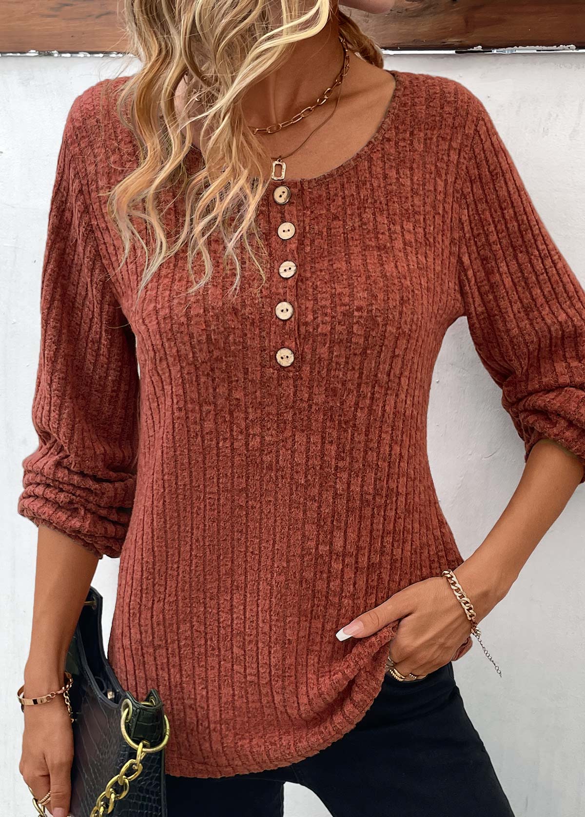 Brick Red Button Long Sleeve Round Neck T Shirt