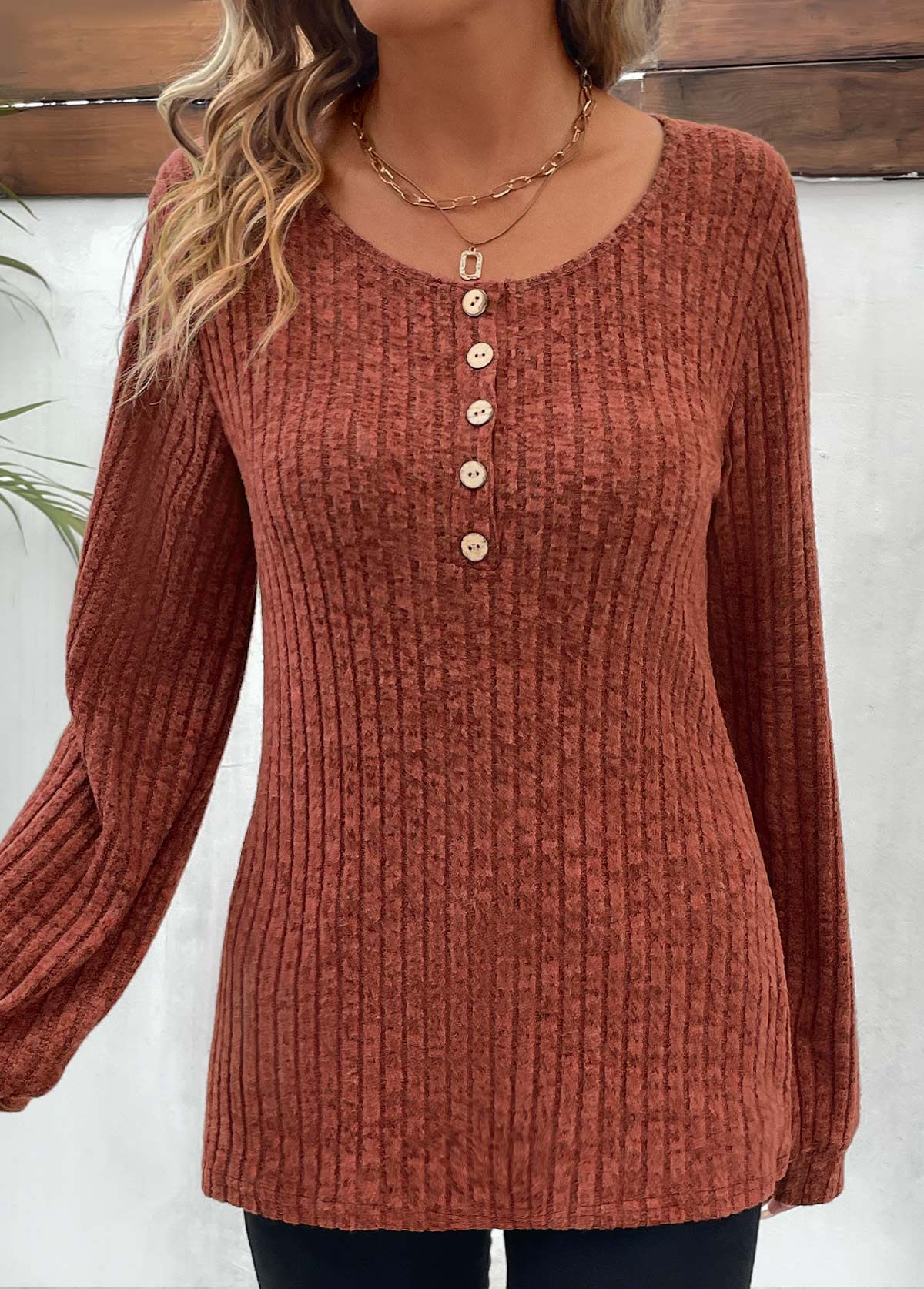 Brick Red Button Long Sleeve Round Neck T Shirt