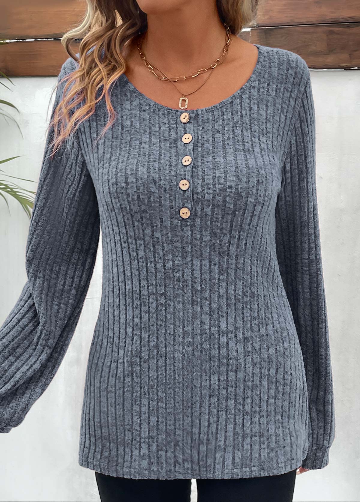 Dusty Blue Button Long Sleeve Round Neck T Shirt