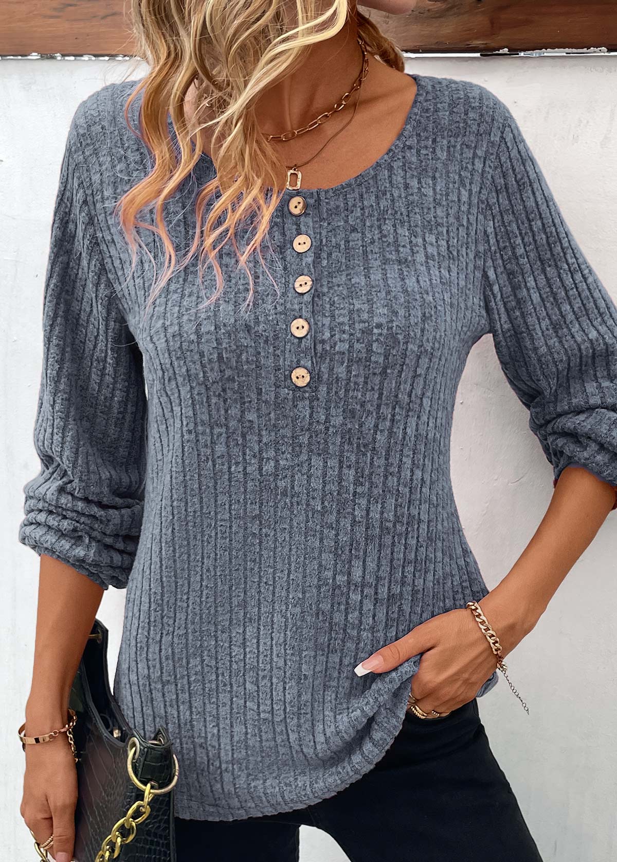 Dusty Blue Button Long Sleeve Round Neck T Shirt