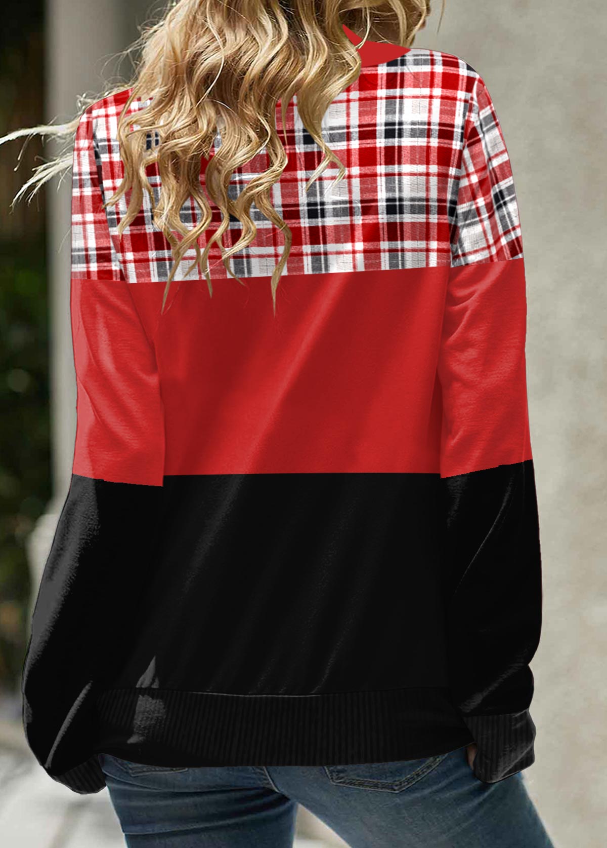 Red Patchwork Plaid Long Sleeve Cowl Neck Sweatshirt