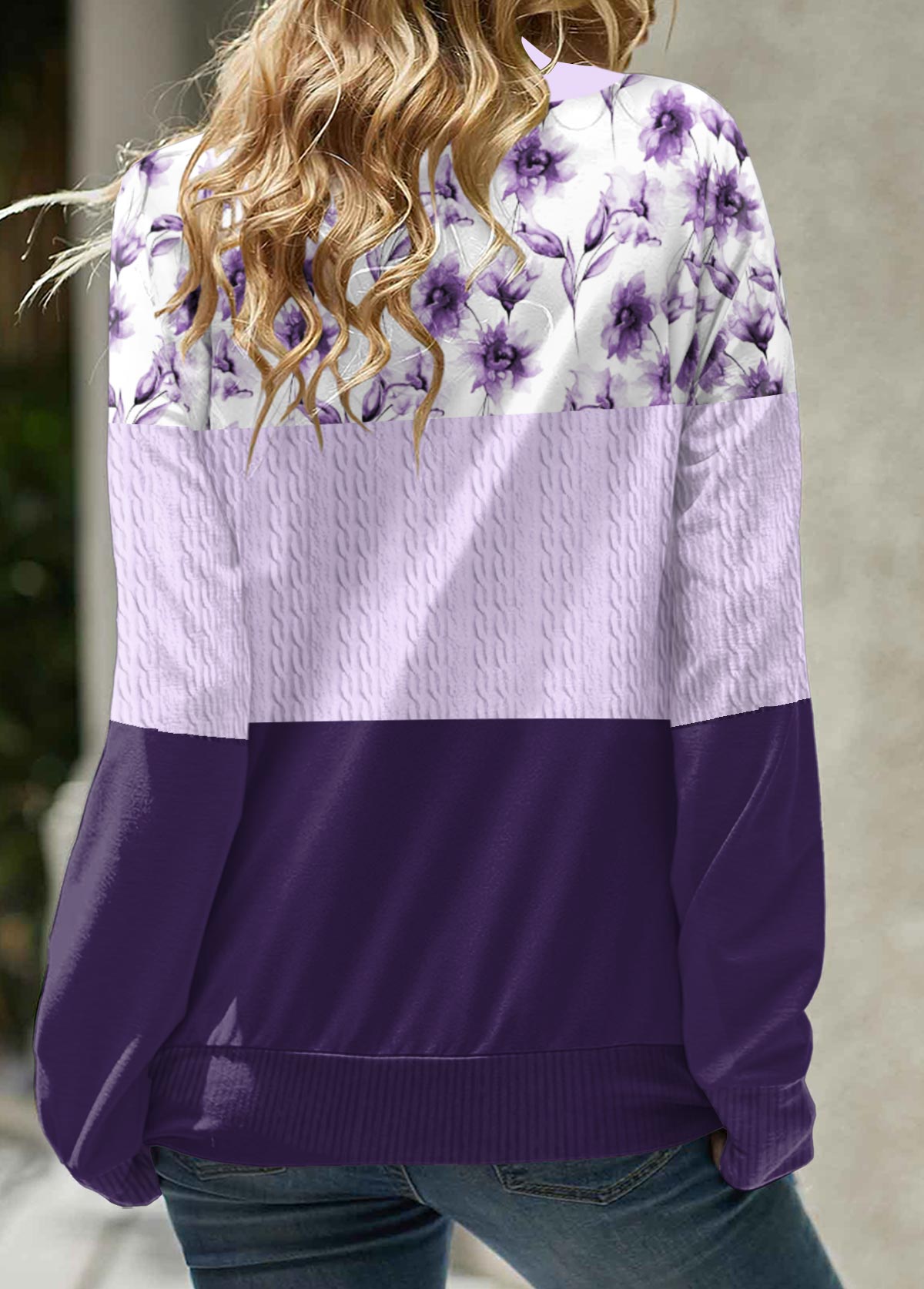 Light Purple Patchwork Floral Print Long Sleeve Sweatshirt