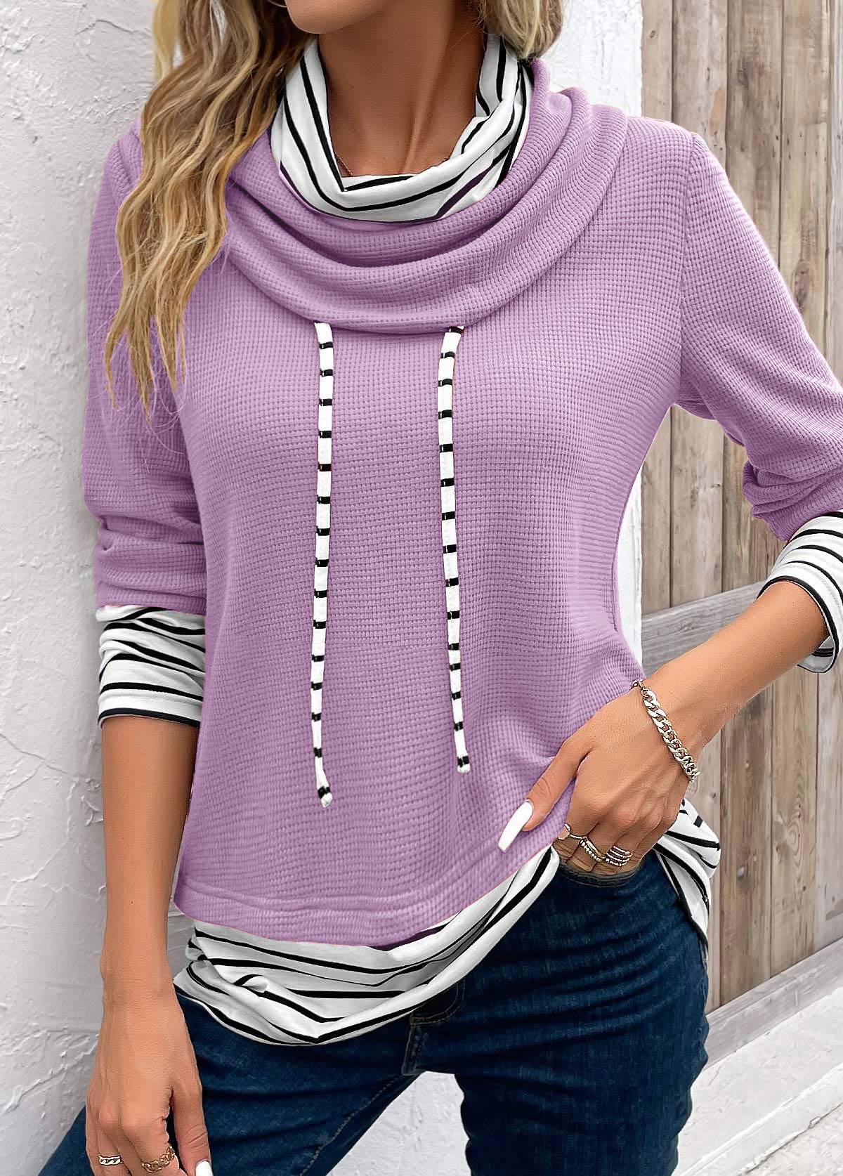 Light Purple Patchwork Striped Long Sleeve Cowl Neck Sweatshirt