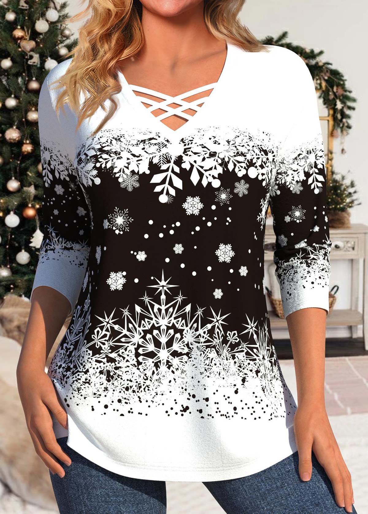 White Snowflake Print Long Sleeve V Neck T Shirt