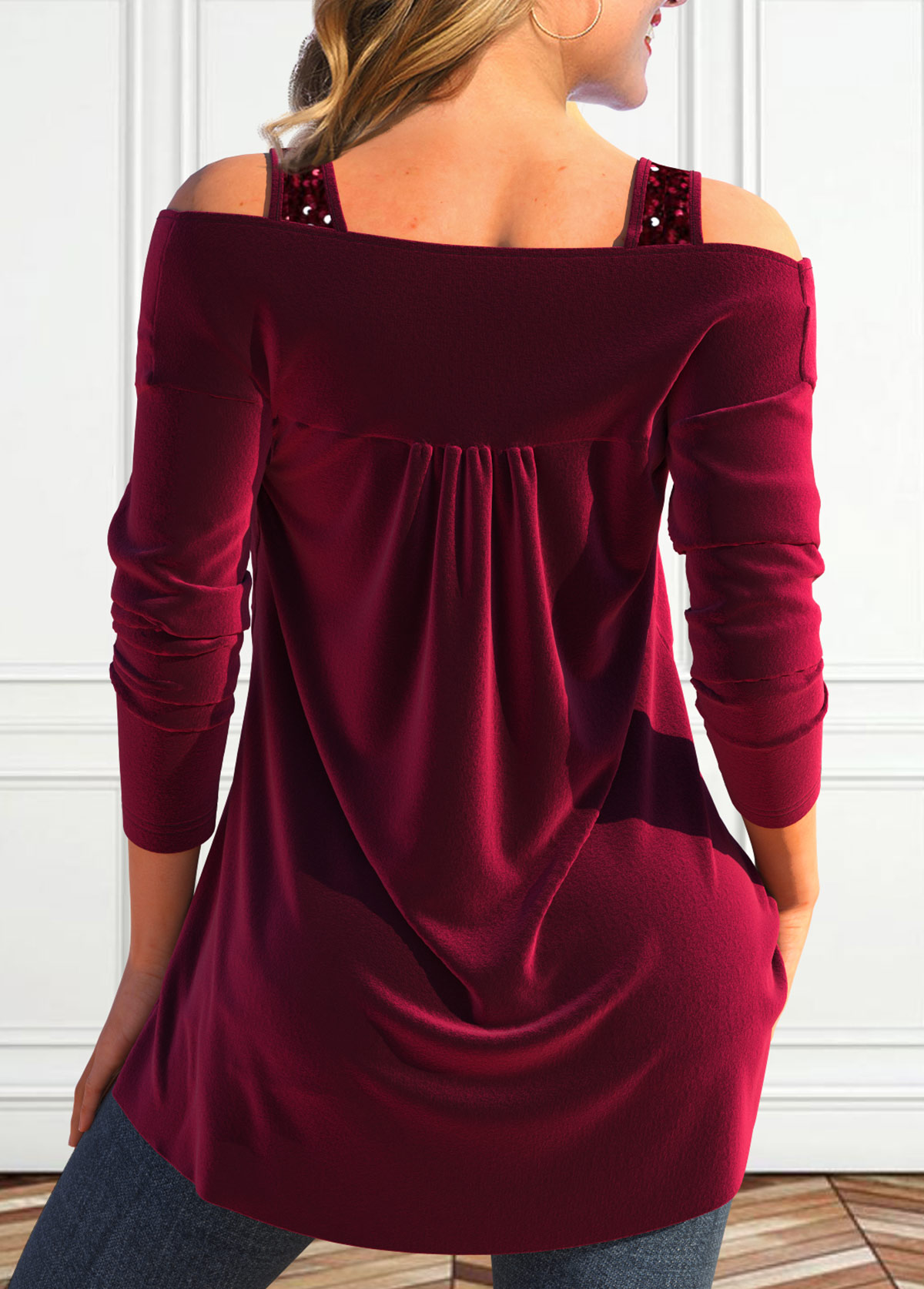 Wine Red Sequin Long Sleeve V Neck T Shirt