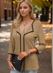 Dark Camel Contrast Binding Patchwork Blouse | thumb picture 