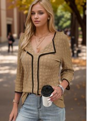 Dark Camel Contrast Binding Patchwork Blouse