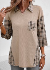 Patchwork Plaid Three Quarter Length Sleeve Blouse | thumb picture 