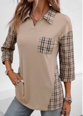 Patchwork Plaid Three Quarter Length Sleeve Blouse