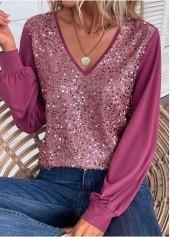 Dark Reddish Purple Sequin Long Sleeve V Neck Blouse | thumb picture 