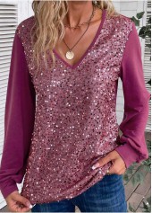 Dark Reddish Purple Sequin Long Sleeve V Neck Blouse