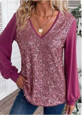 Dark Reddish Purple Sequin Long Sleeve V Neck Blouse | thumb picture 
