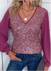 Dark Reddish Purple Sequin Long Sleeve V Neck Blouse | thumb picture 