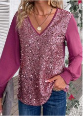 Dark Reddish Purple Sequin Long Sleeve V Neck Blouse | thumb picture 