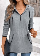 Grey Pocket Zipper Long Sleeve Hoodie