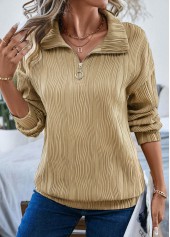 Light Camel Zipper Long Sleeve Turn Down Collar Sweatshirt