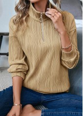 Light Camel Zipper Long Sleeve Turn Down Collar Sweatshirt | thumb picture 