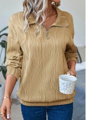 Light Camel Zipper Long Sleeve Turn Down Collar Sweatshirt | thumb picture 