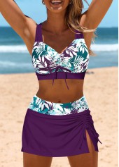 Drawstring Mid Waisted Leaf Print Purple Bikini Set | thumb picture 