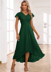 Blackish Green Twist High Low Short Sleeve Dress