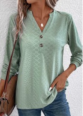 Green Button Long Sleeve Split Neck T Shirt