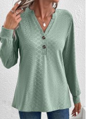 Green Button Long Sleeve Split Neck T Shirt | thumb picture 