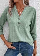 Green Button Long Sleeve Split Neck T Shirt | thumb picture 